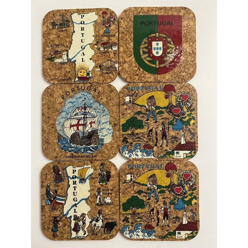 Vintage Portugal Tourist Souvenir Coaster Set Of 6 Drinks Portugese History Cup